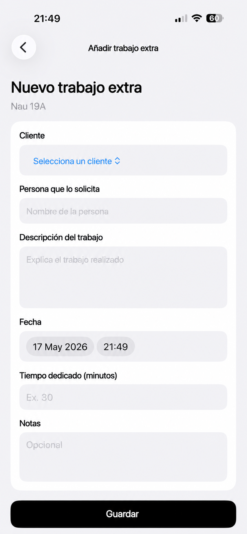 Formulario para registrar un trabajo extra