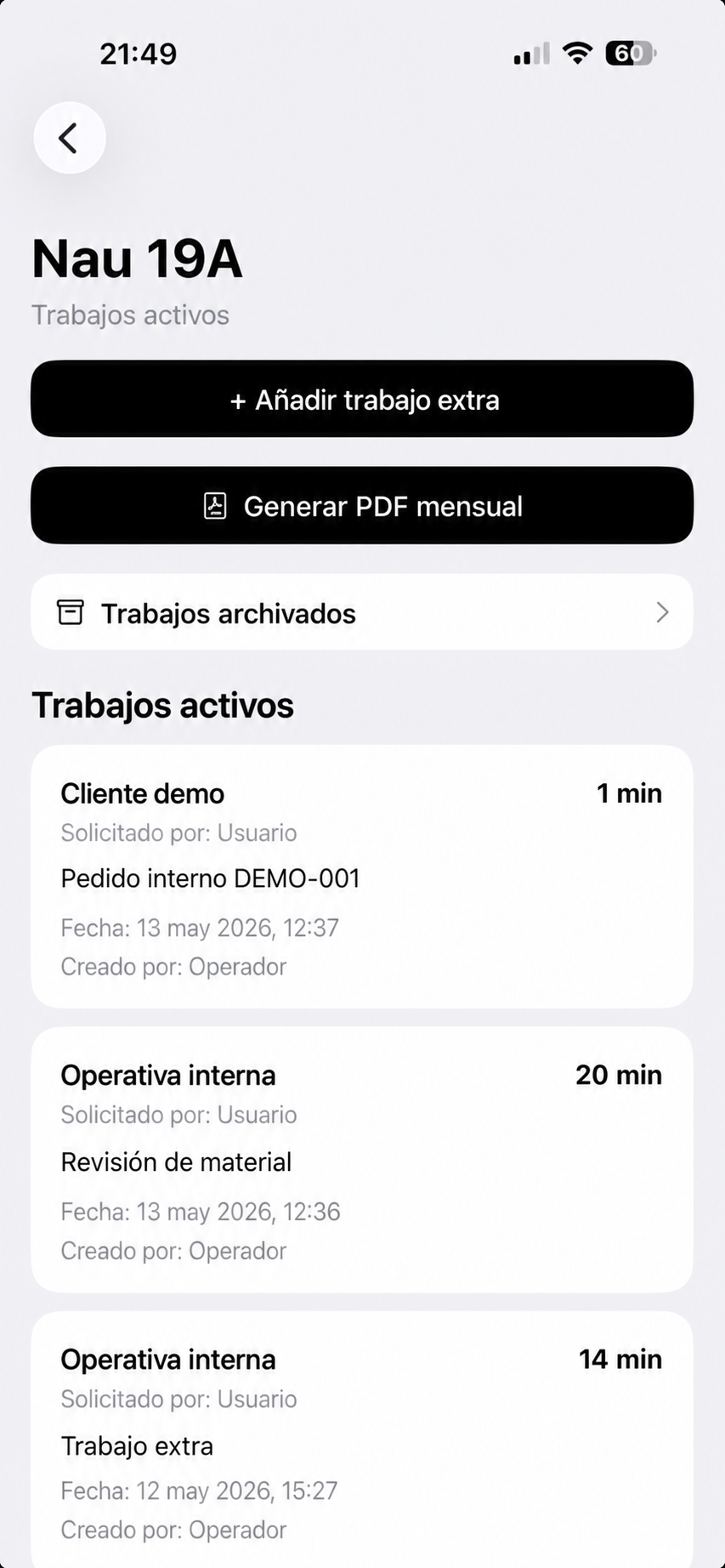 Vista de trabajos activos de una app interna