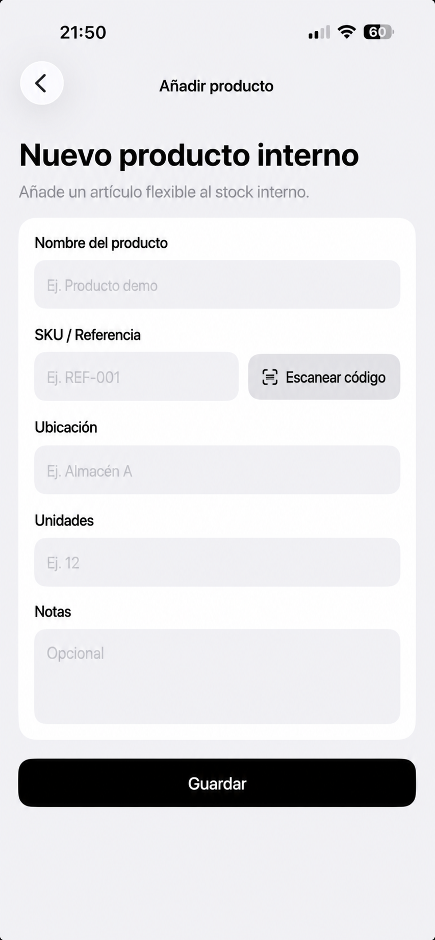 Formulario para añadir producto interno