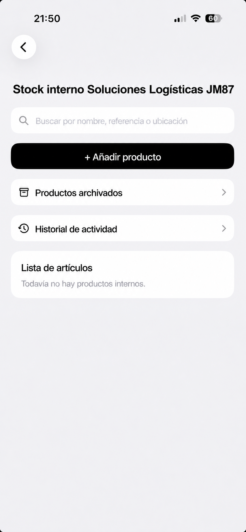 Vista de stock interno con búsqueda e historial